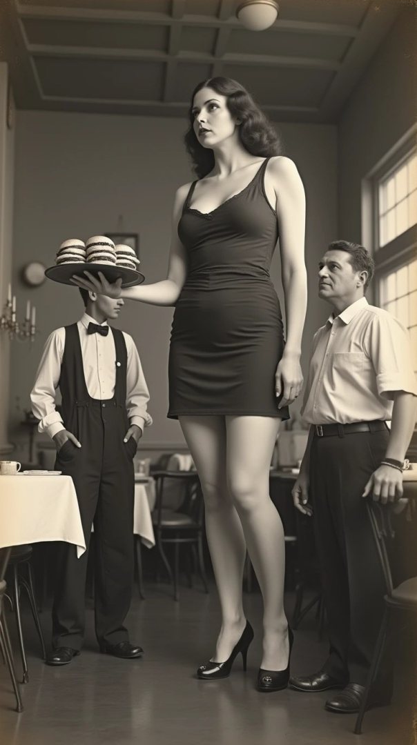 A tall woman with a tray