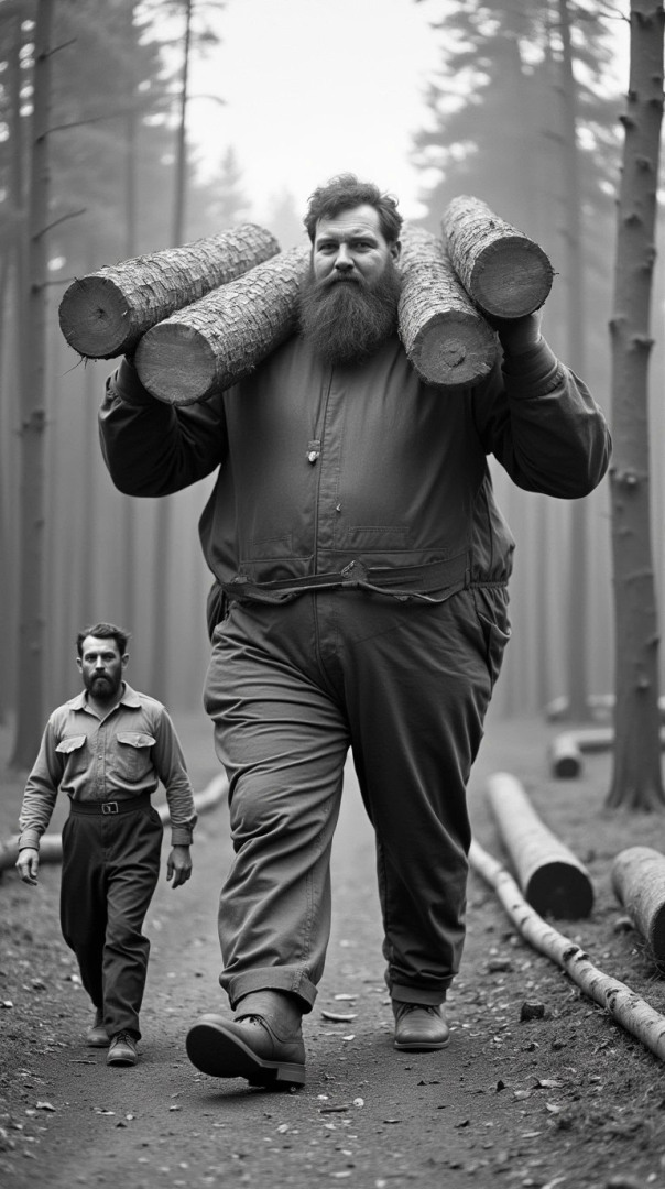 A giant with logs on his shoulders