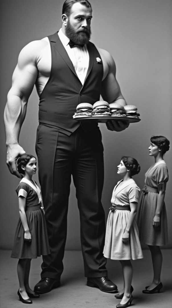 A brutal man with a beard surrounded by women and food