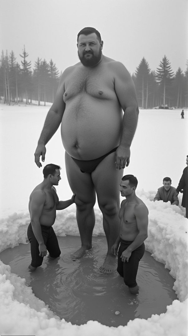 Men bathe in an ice-hole in winter