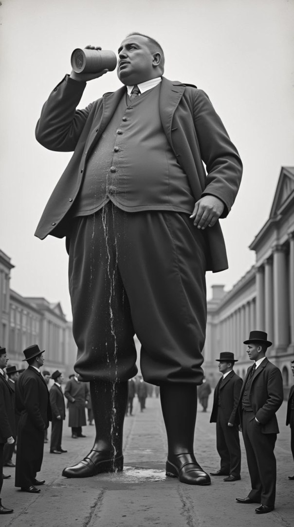 A huge man drinks water in the city