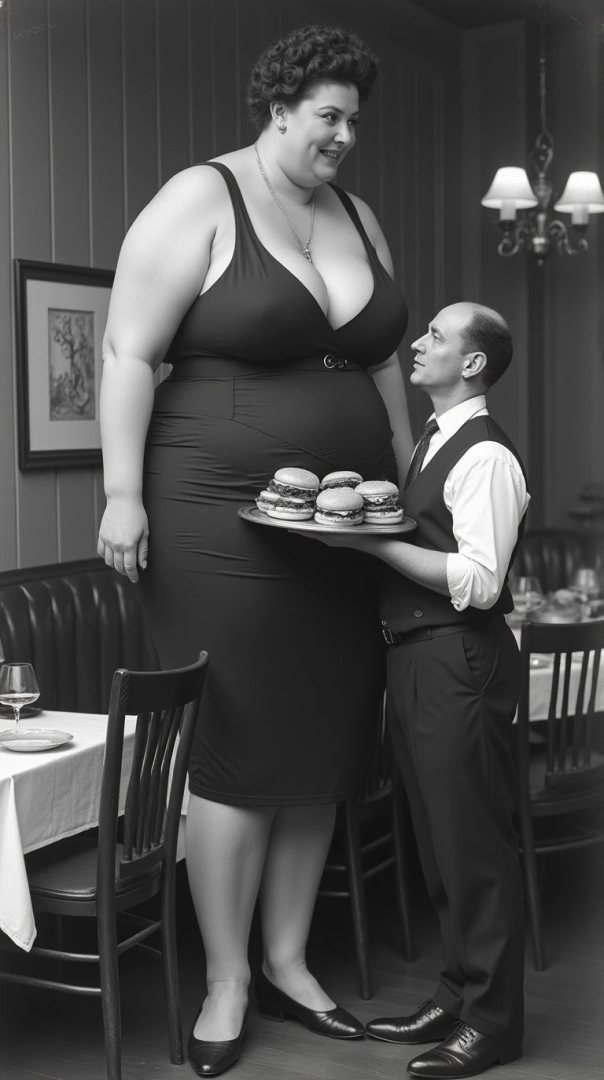 A woman with big breasts in a restaurant