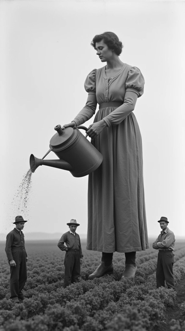 A giantess working in the field