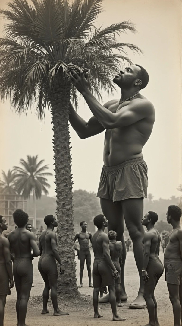 An African man picks fruit from a palm tree