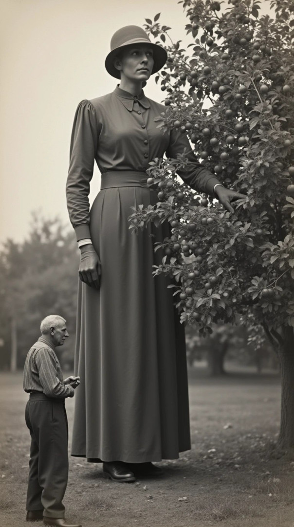 The lady in the hat at the apple tree