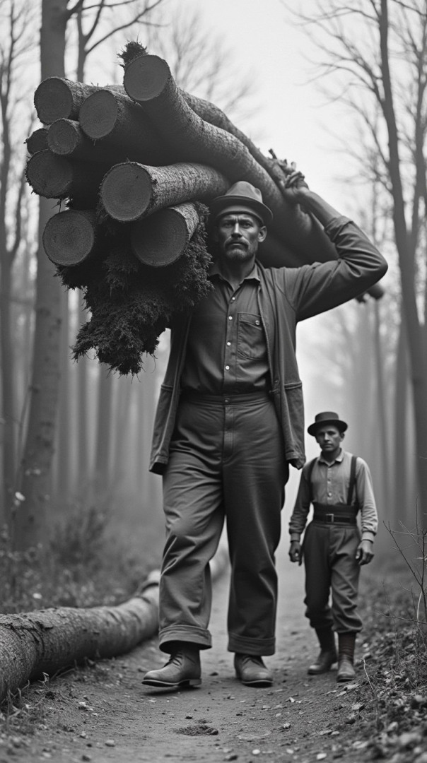 Carrying the trees on his shoulder