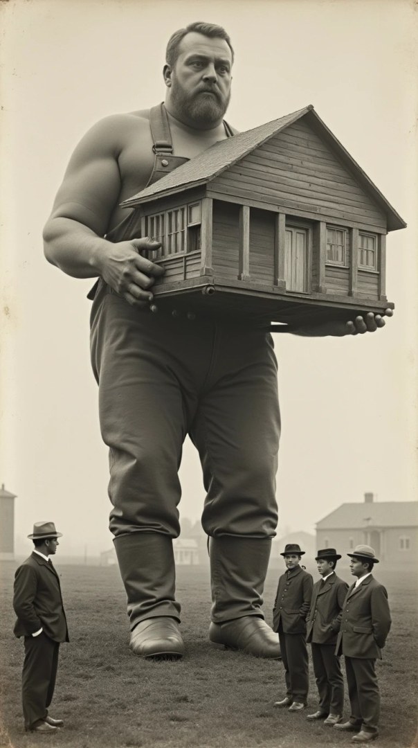 A house in the hands of a giant man