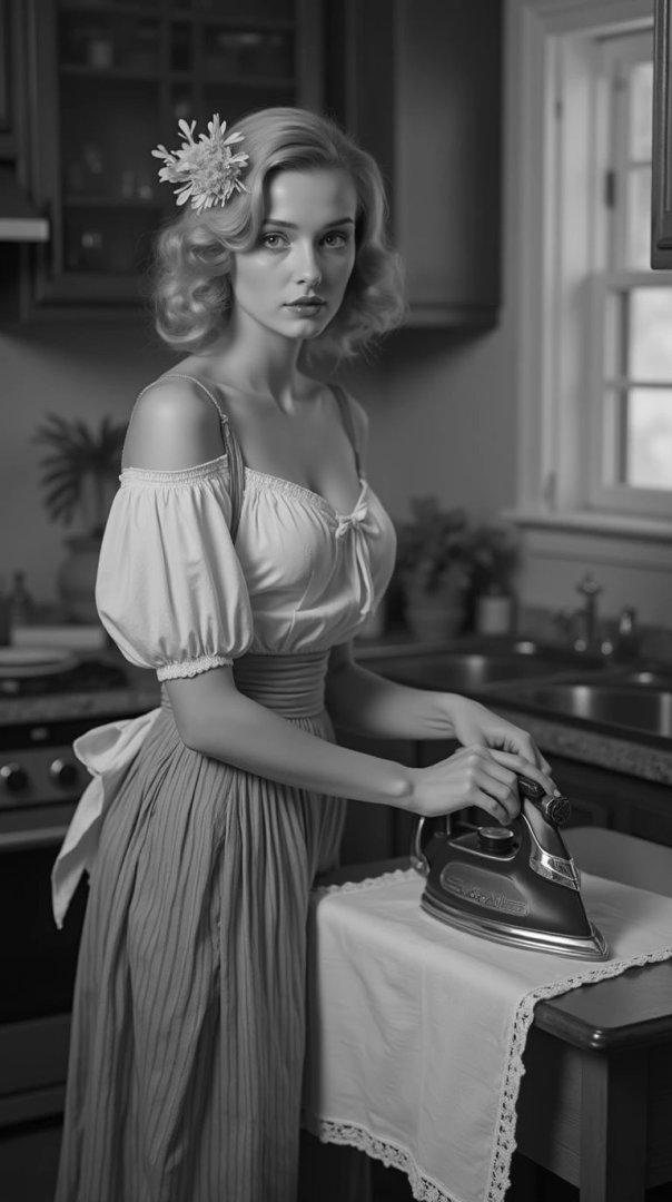 Mistress ironing with an antique iron