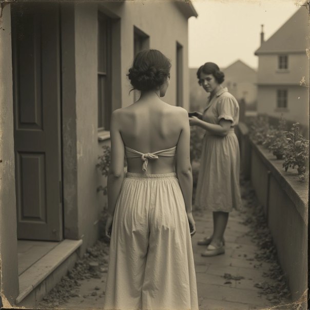 Two women in front of the house