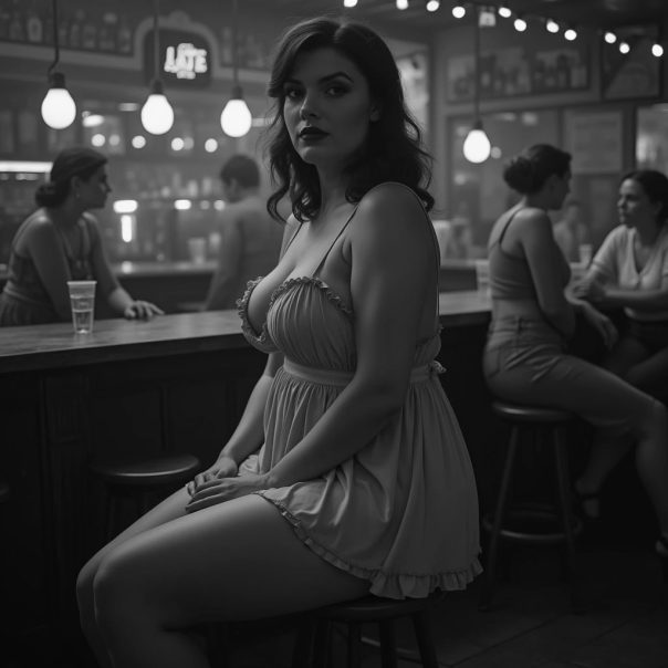 A woman with beautiful thighs relaxes in a bar