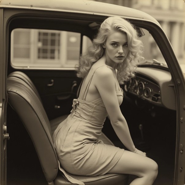 A woman in a vintage car