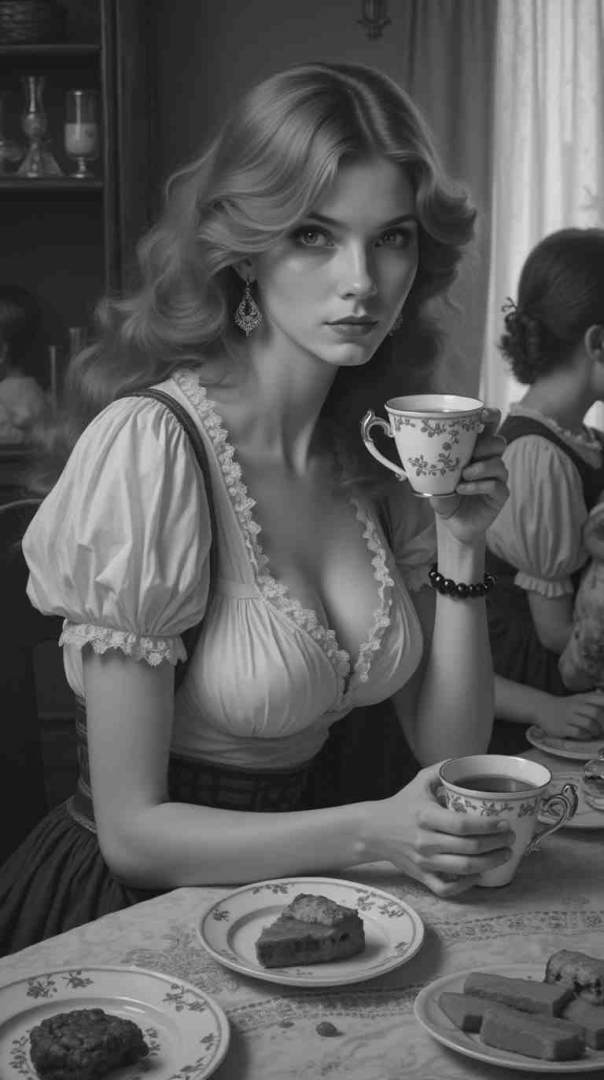 Beautiful girl drinking tea. Black and white photo