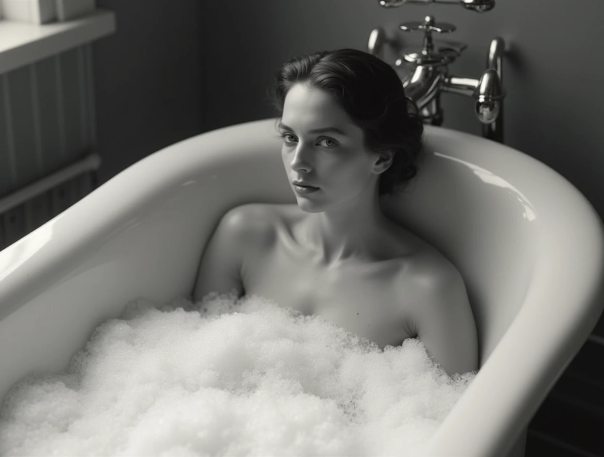 Brunette bathing in foam