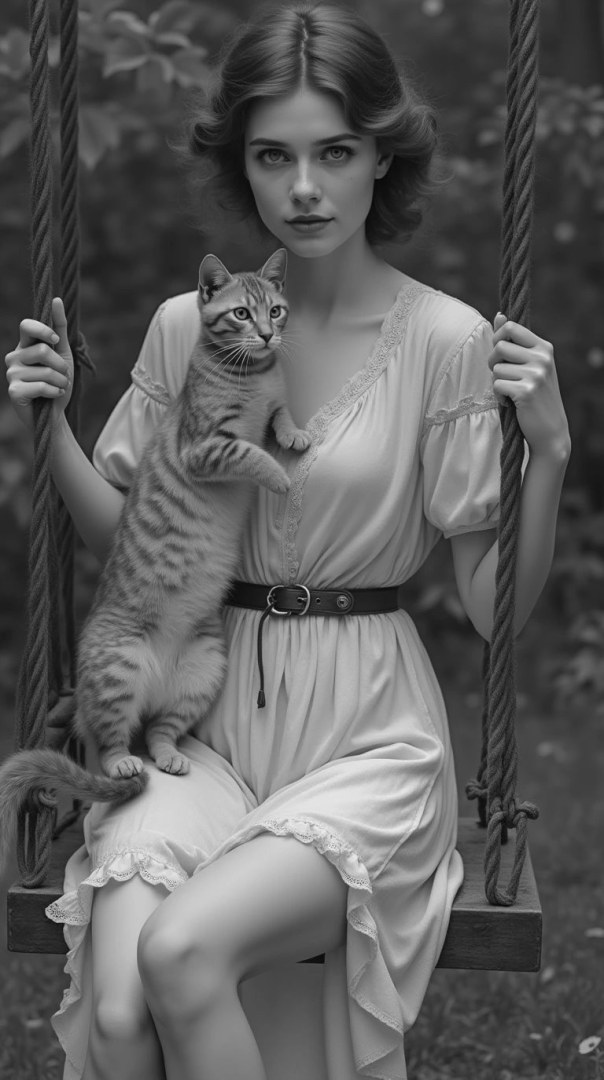 The girl with the cat on the swing