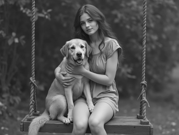 A girl and her dog on a swing