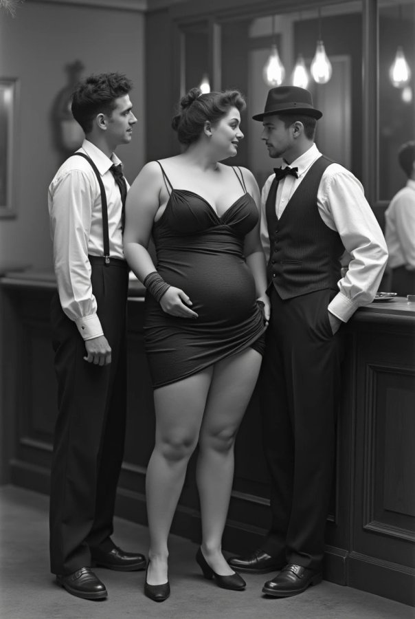 A chubby woman among men