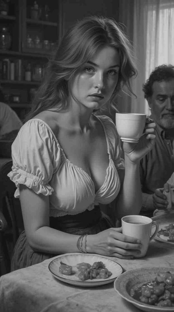 Busty hottie drinking tea