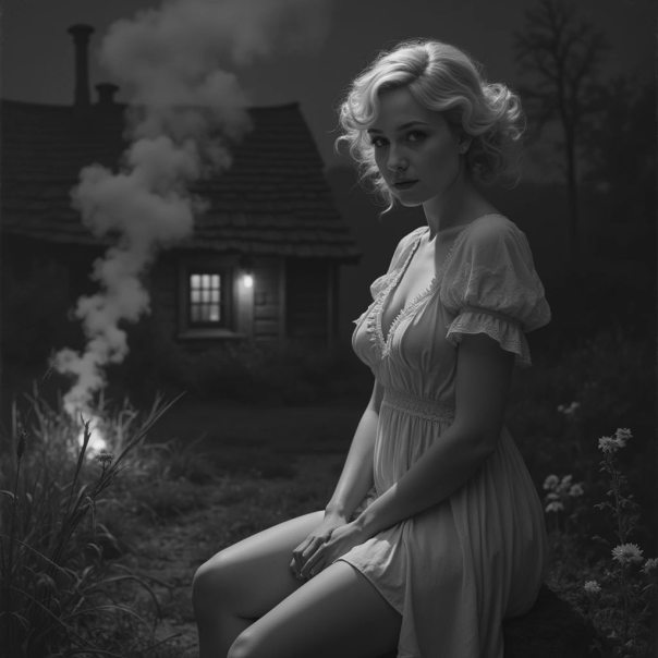 A girl at night outside a house in the countryside