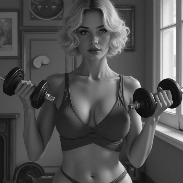 A short-haired blonde woman works out with dumbbells to exercise